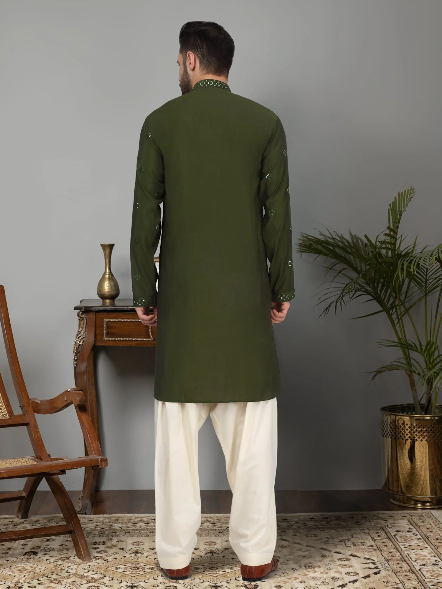 LUXE- Cotton Silk Mirror Work Yoke design Mandarin Collar Long Sleeve Kurta with Elastic Waistband Beige Salwar - Image 7