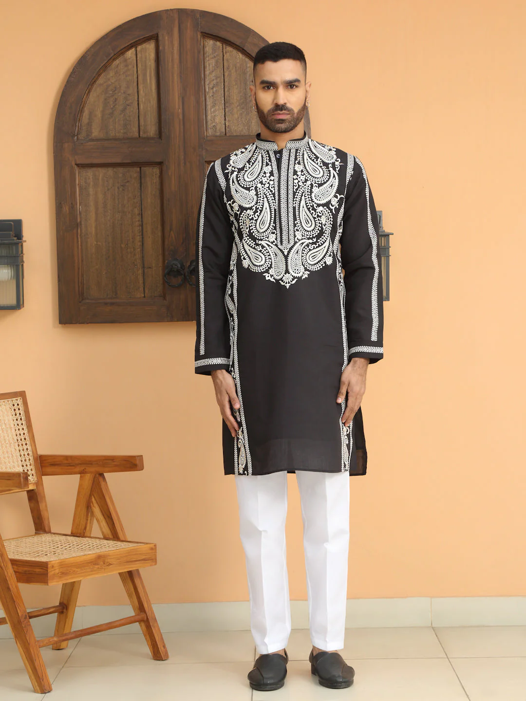 LUXE- Cotton Silk Neck Embroidered Paisley Kurta With cotton Trouser Pant