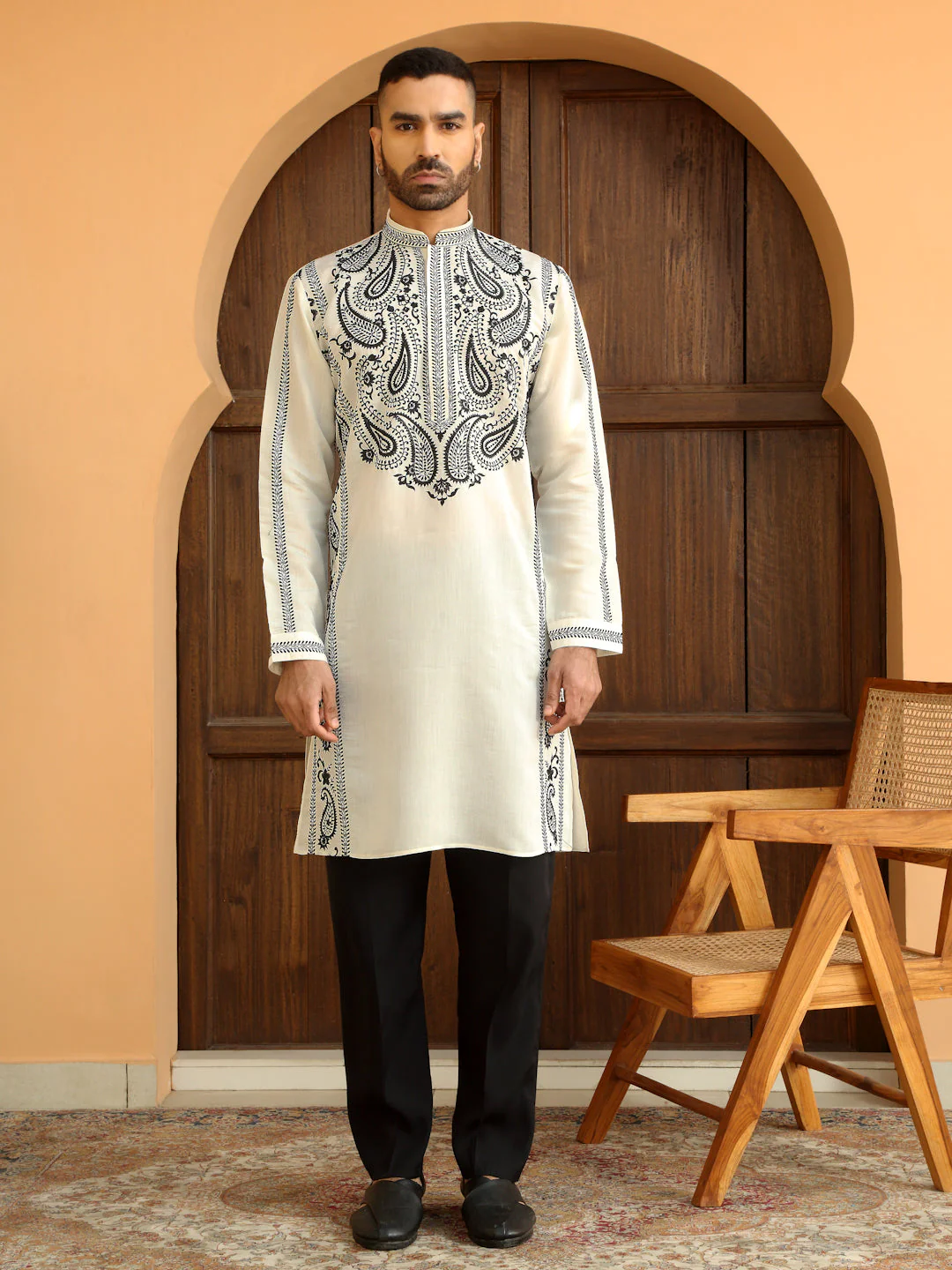 LUXE- Cotton Silk Neck Embroidered Paisley Kurta With cotton Trouser Pant - Image 19
