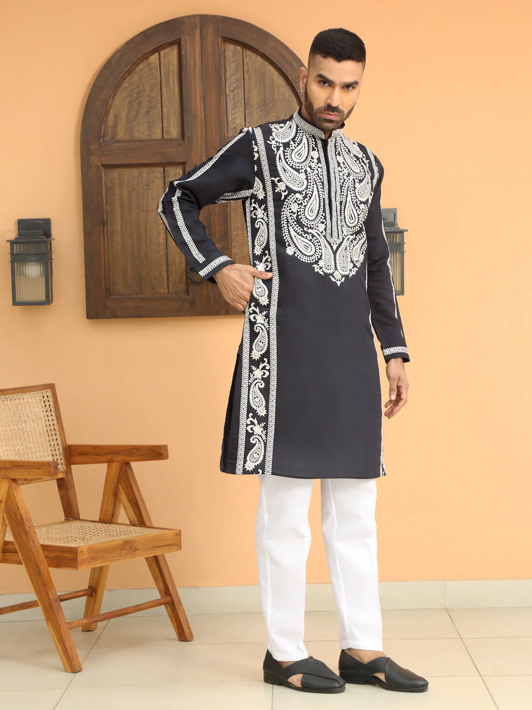 LUXE- Cotton Silk Neck White Embroidered Paisley Kurta - Image 14
