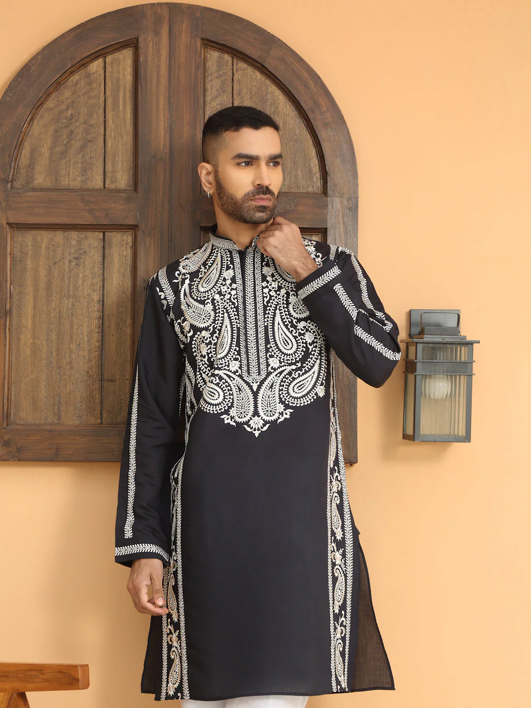 LUXE- Cotton Silk Neck White Embroidered Paisley Kurta - Image 23