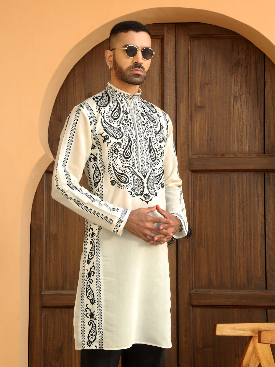 LUXE- Cotton Silk Neck White Embroidered Paisley Kurta - Image 26