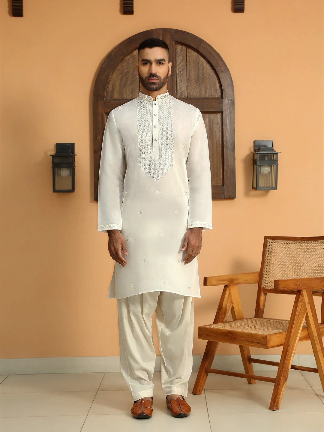 LUXE- Cotton Silk Sequined Embroidered Neckline Straight Kurta with Cream Salwar - Image 11