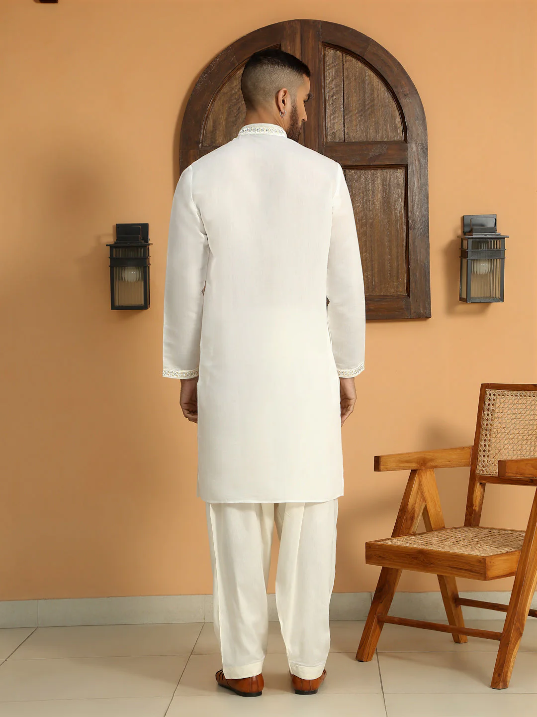 LUXE- Cotton Silk Sequined Embroidered Neckline Straight Kurta with Cream Salwar - Image 12