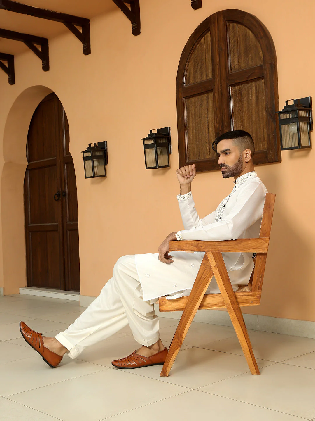 LUXE- Cotton Silk Sequined Embroidered Neckline Straight Kurta with Cream Salwar - Image 15