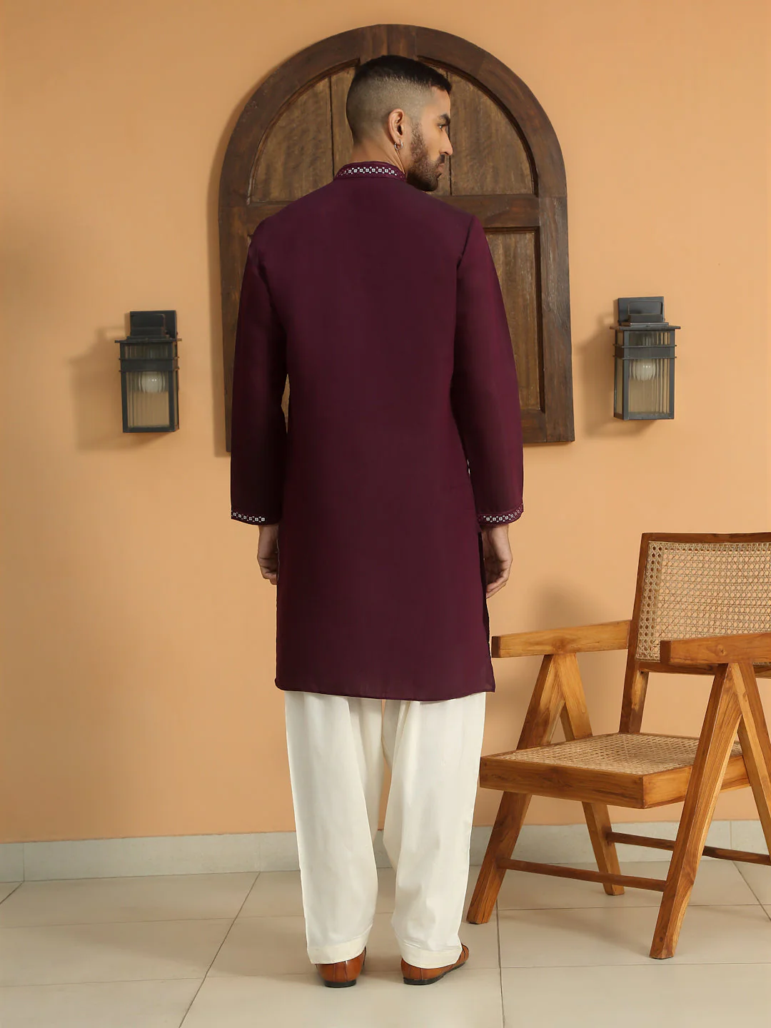 LUXE- Cotton Silk Sequined Embroidered Neckline Straight Kurta with Cream Salwar - Image 17