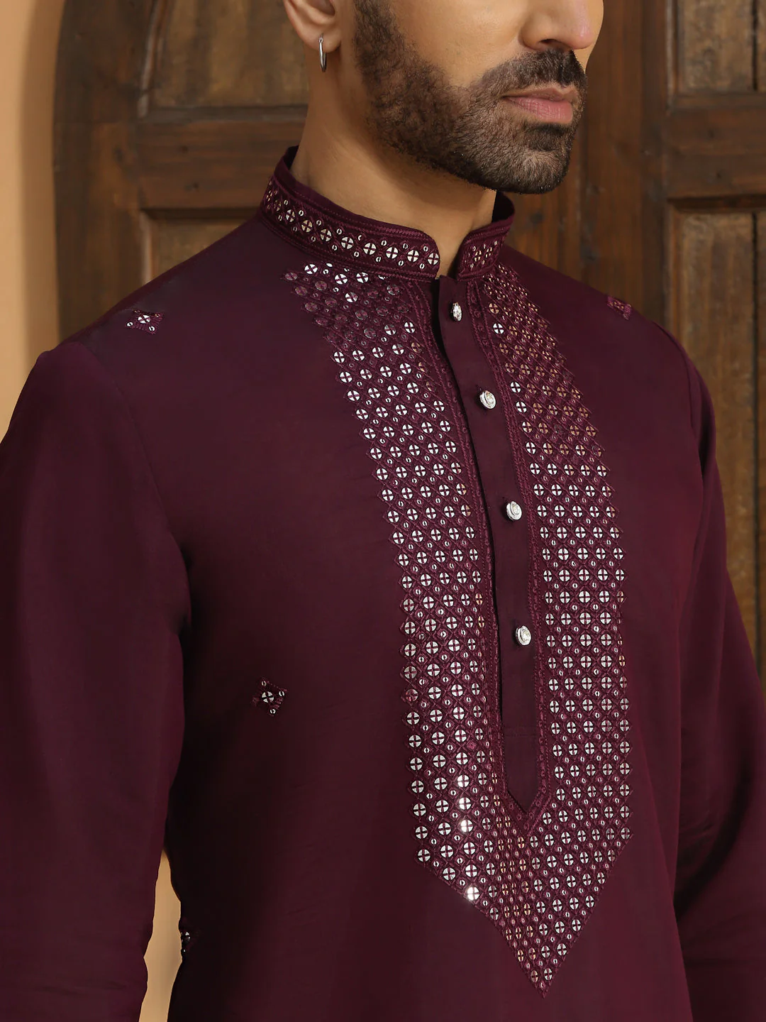 LUXE- Cotton Silk Sequined Embroidered Neckline Straight Kurta with Cream Salwar - Image 18