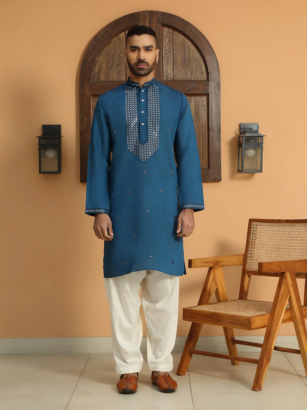 LUXE- Cotton Silk Sequined Embroidered Neckline Straight Kurta with Cream Salwar - Image 25