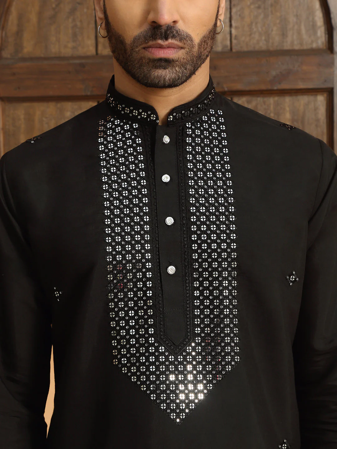 LUXE- Cotton Silk Sequined Embroidered Neckline Straight Kurta with Cream Salwar - Image 3