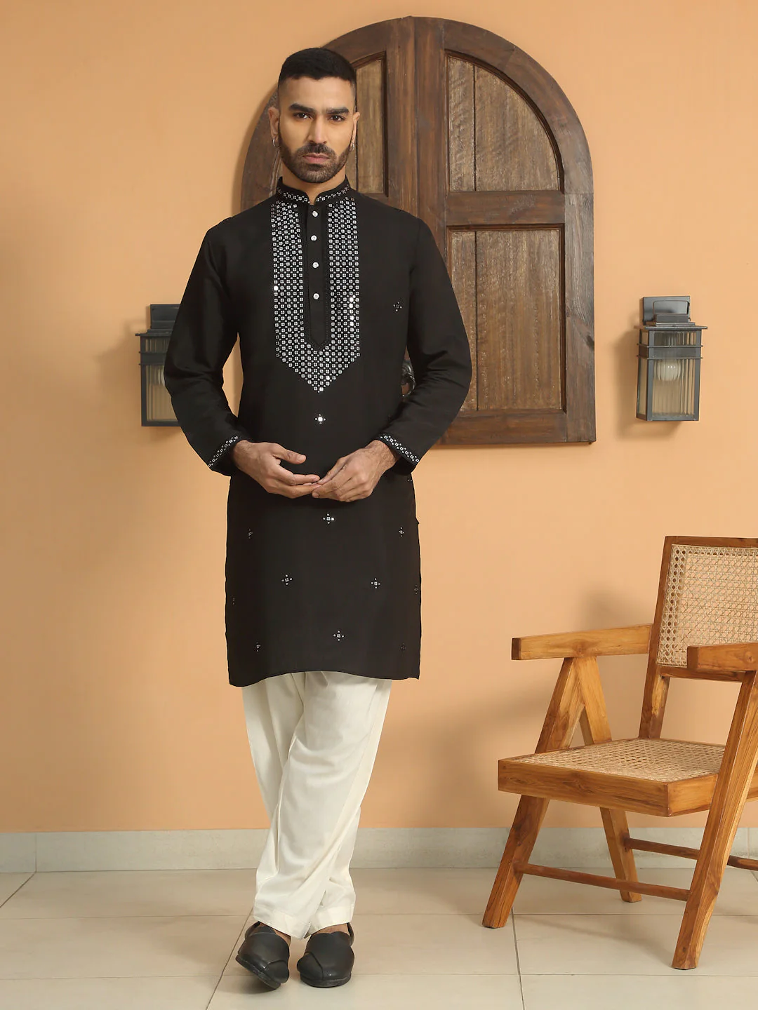 LUXE- Cotton Silk Sequined Embroidered Neckline Straight Kurta with Cream Salwar - Image 54