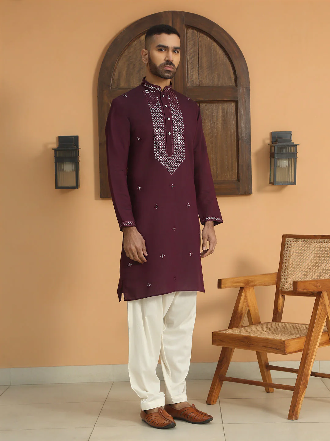 LUXE- Cotton Silk Sequined Embroidered Neckline Straight Kurta with Cream Salwar - Image 60
