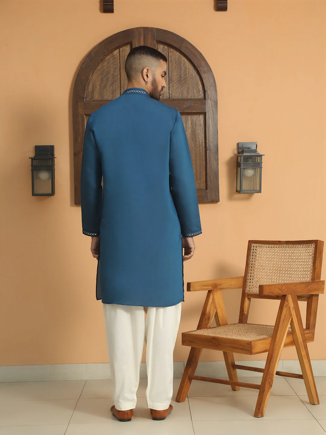 LUXE- Cotton Silk Sequined Embroidered Neckline Straight Kurta with Cream Salwar - Image 7