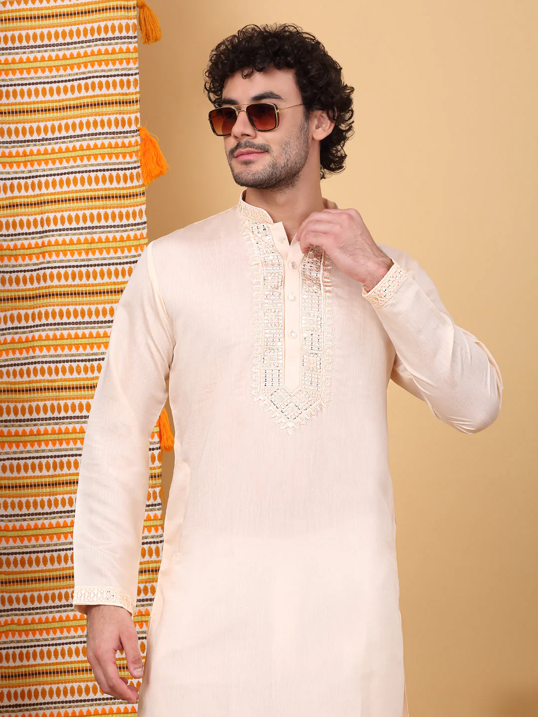 LUXE-Cotton Silk Solid Embroidered Neckline Regular Straight Kurta With White Trouser Pant - Image 10