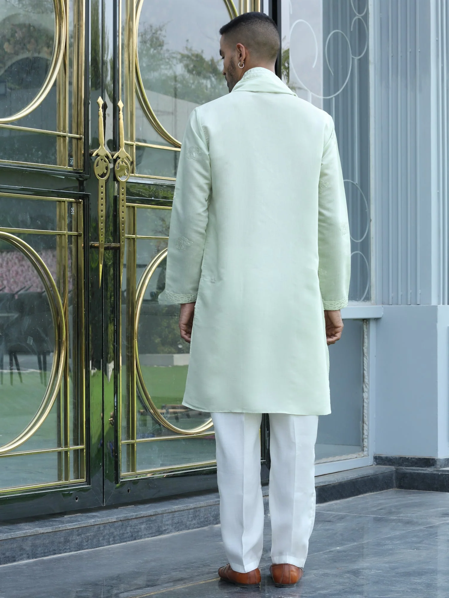 LUXE- Cotton Silk Yoke Design Elephant Embroidered Kurta and Matching Duppta with Cotton silk Cream Trouser pant - Image 2