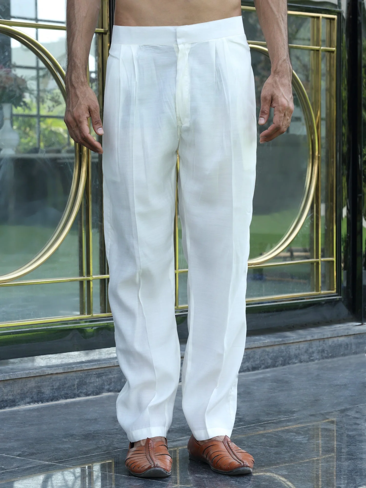 LUXE- Cotton Silk Yoke Design Elephant Embroidered Kurta and Matching Duppta with Cotton silk Cream Trouser pant - Image 4