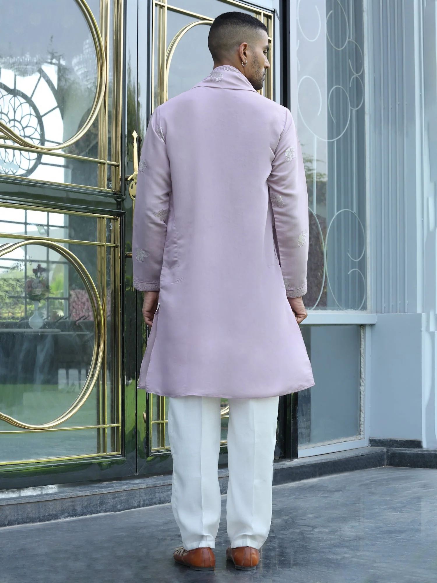 LUXE- Cotton Silk Yoke Design Elephant Embroidered Kurta and Matching Duppta with Cotton silk Cream Trouser pant - Image 7