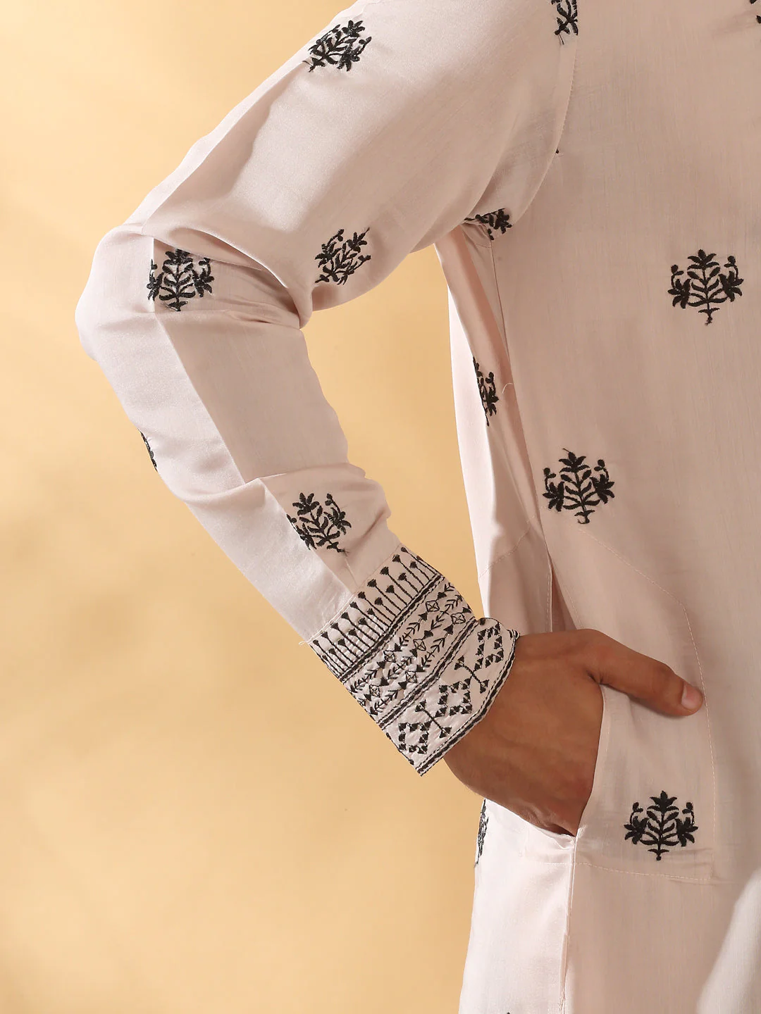 LUXE- Cotton Silk Yoke Design Embroidered Sequin Kurta With Cotton Silk Black Trouser Pant set - Image 11