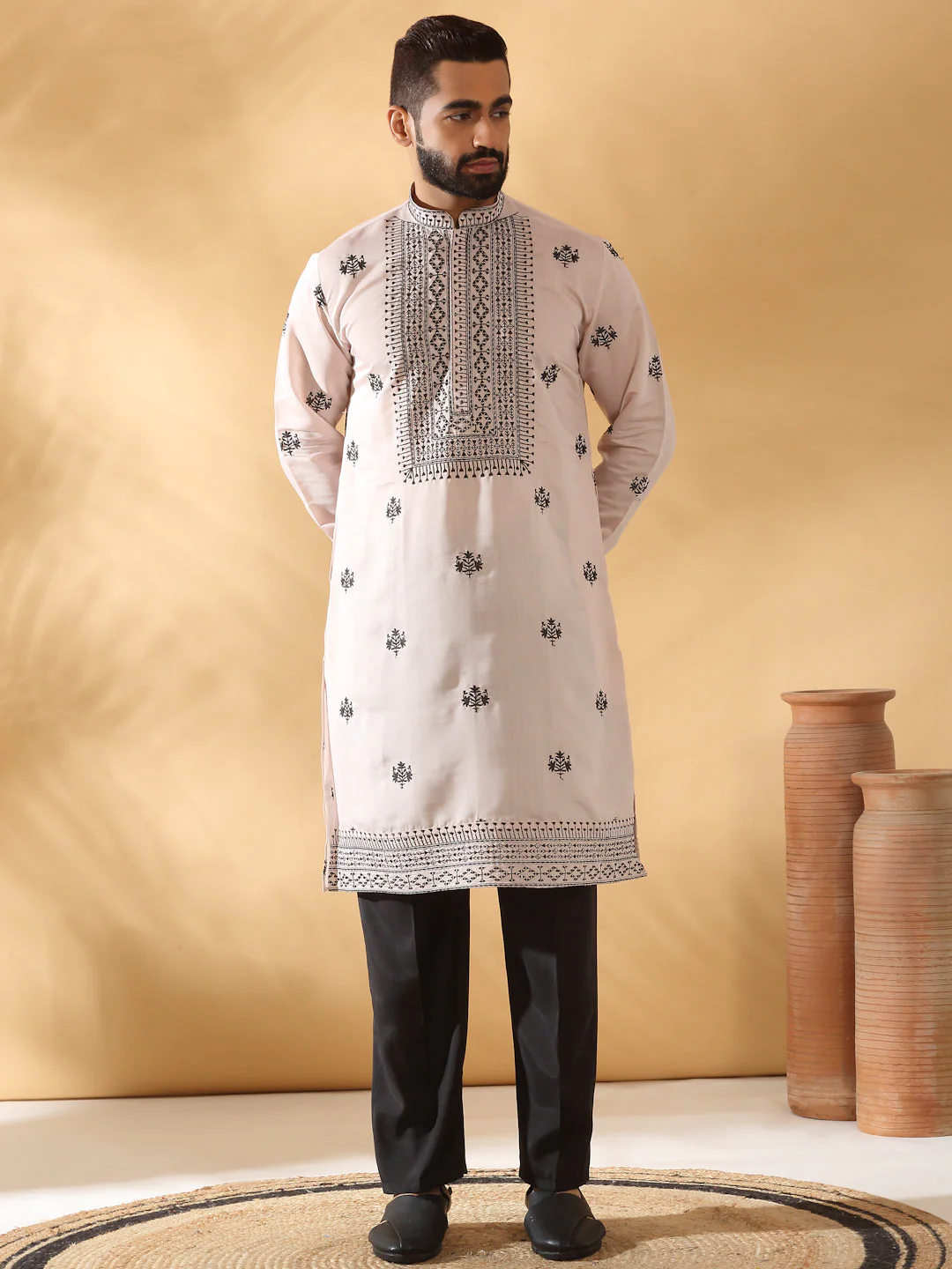 LUXE- Cotton Silk Yoke Design Embroidered Sequin Kurta With Cotton Silk Black Trouser Pant set - Image 12