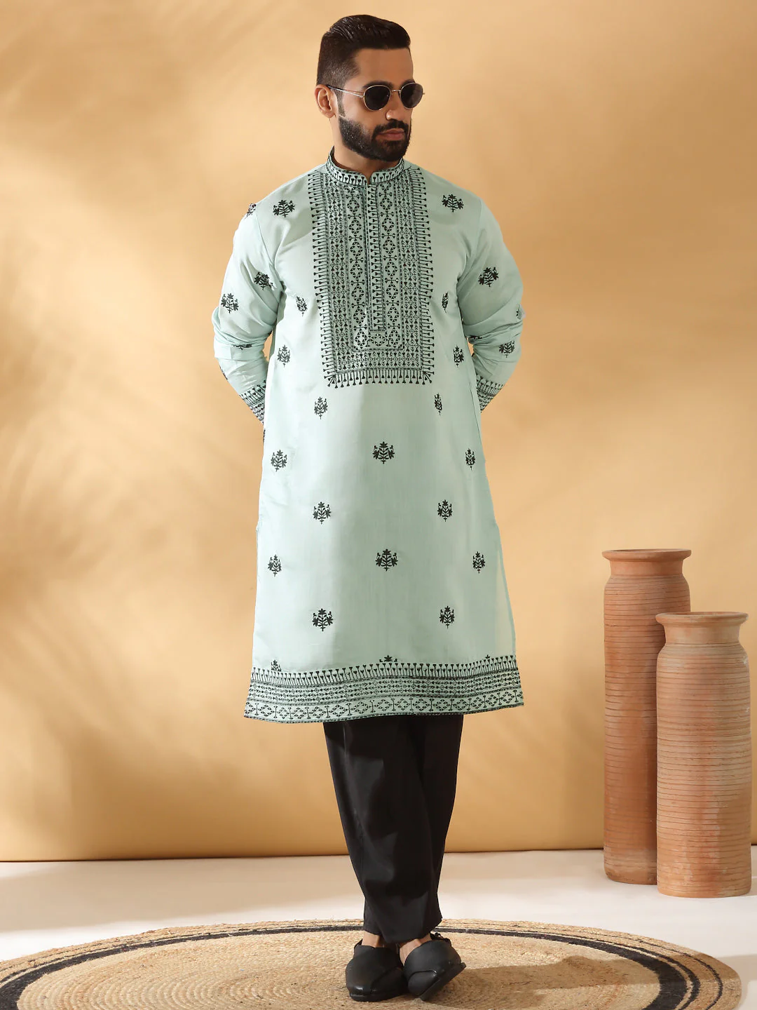 LUXE- Cotton Silk Yoke Design Embroidered Sequin Kurta With Cotton Silk Black Trouser Pant set - Image 13