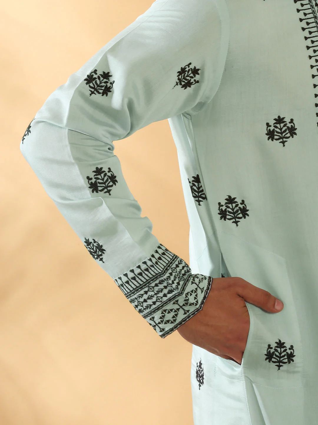 LUXE- Cotton Silk Yoke Design Embroidered Sequin Kurta With Cotton Silk Black Trouser Pant set - Image 17