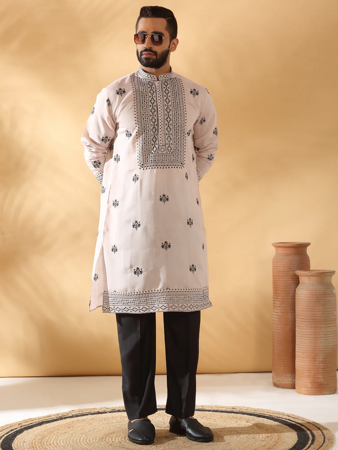 LUXE- Cotton Silk Yoke Design Embroidered Sequin Kurta With Cotton Silk Black Trouser Pant set - Image 7
