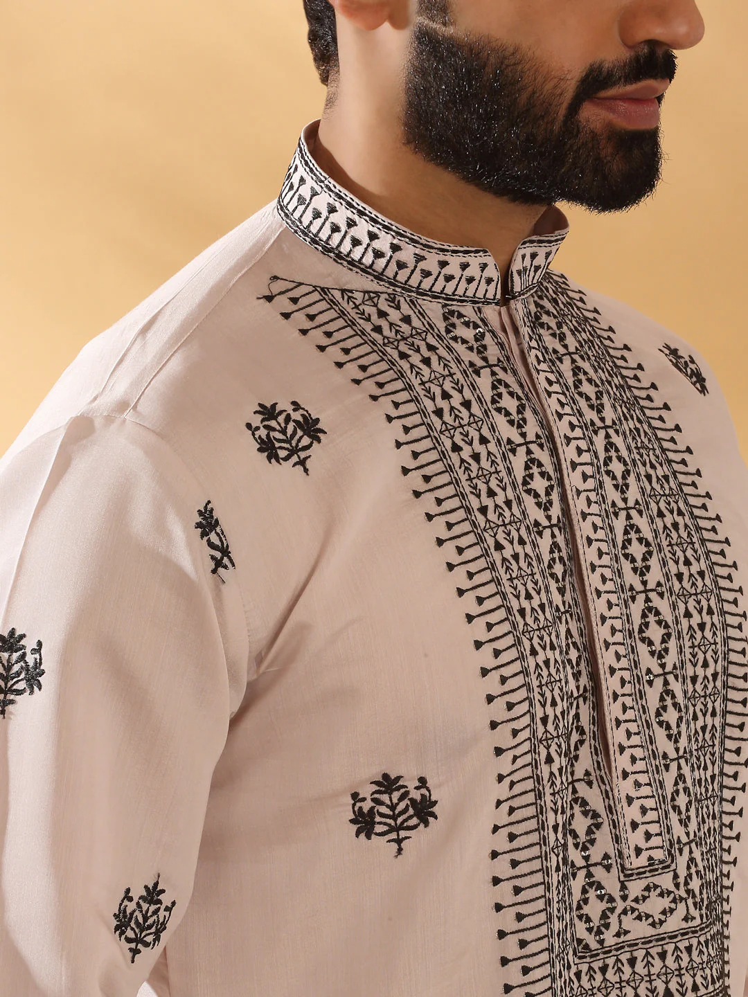 LUXE- Cotton Silk Yoke Design Embroidered Sequin Kurta With Cotton Silk Black Trouser Pant set - Image 9