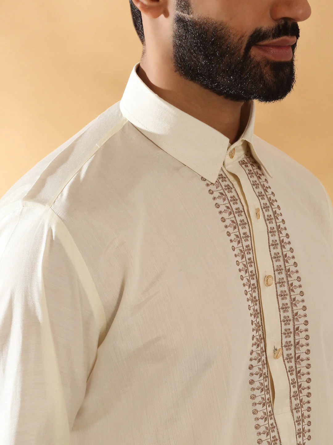 LUXE- Cotton Silk Yoke Design Kurta With Beige Elastic Waistband Salwar Set - Image 15