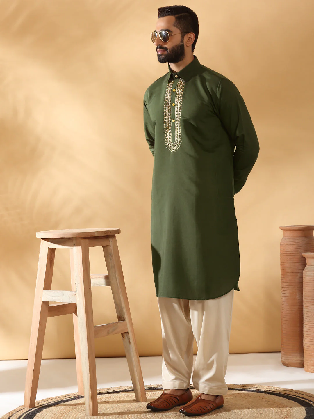 LUXE- Cotton Silk Yoke Design Kurta With Beige Elastic Waistband Salwar Set - Image 19