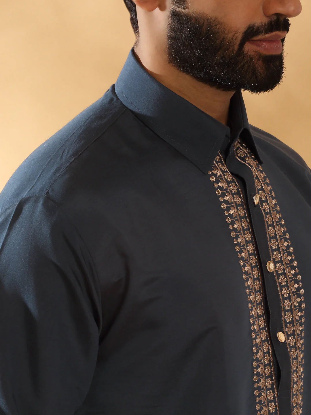 LUXE- Cotton Silk Yoke Design Kurta With Beige Elastic Waistband Salwar Set - Image 3