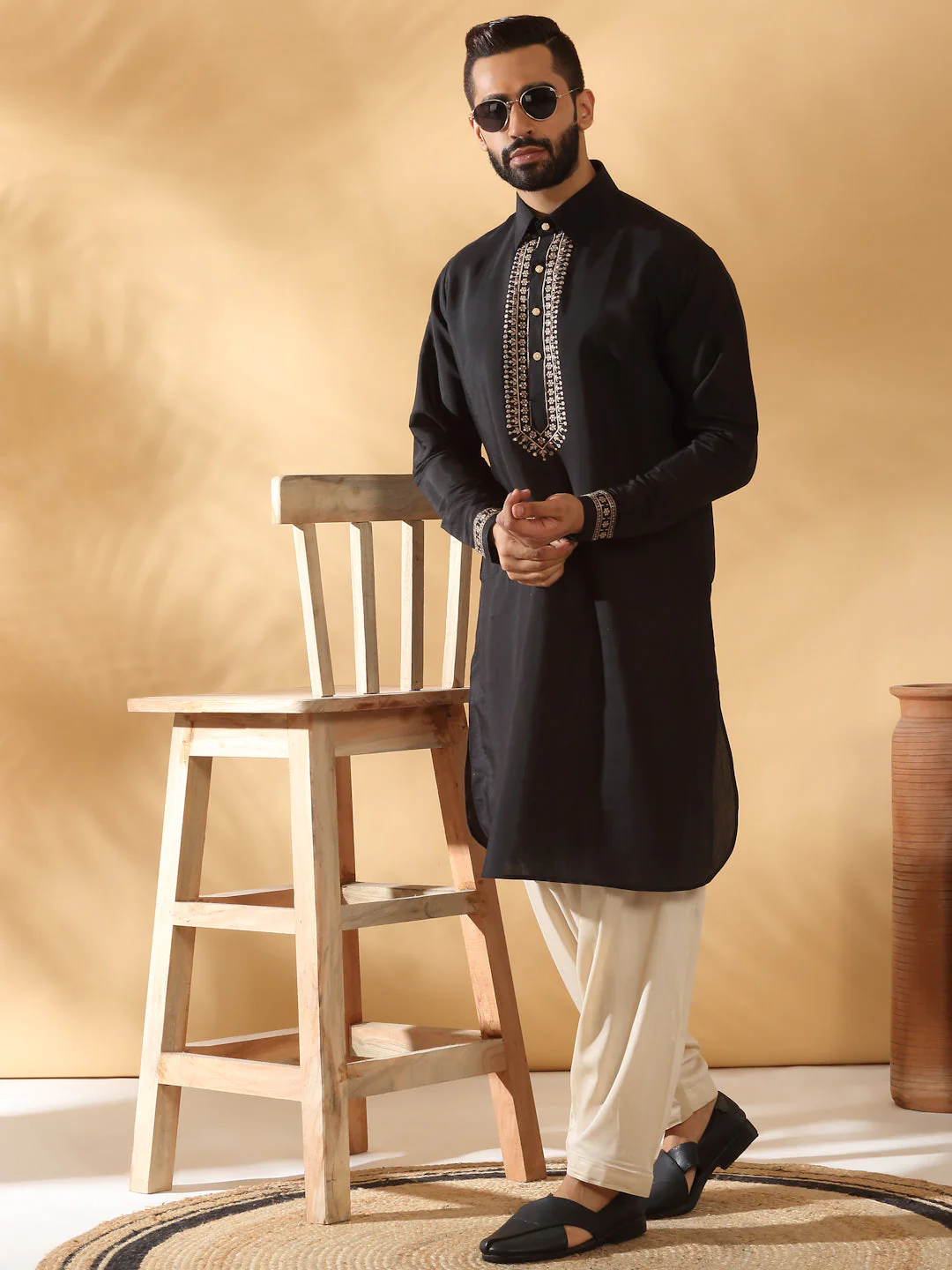 LUXE- Cotton Silk Yoke Design Kurta With Beige Elastic Waistband Salwar Set - Image 7
