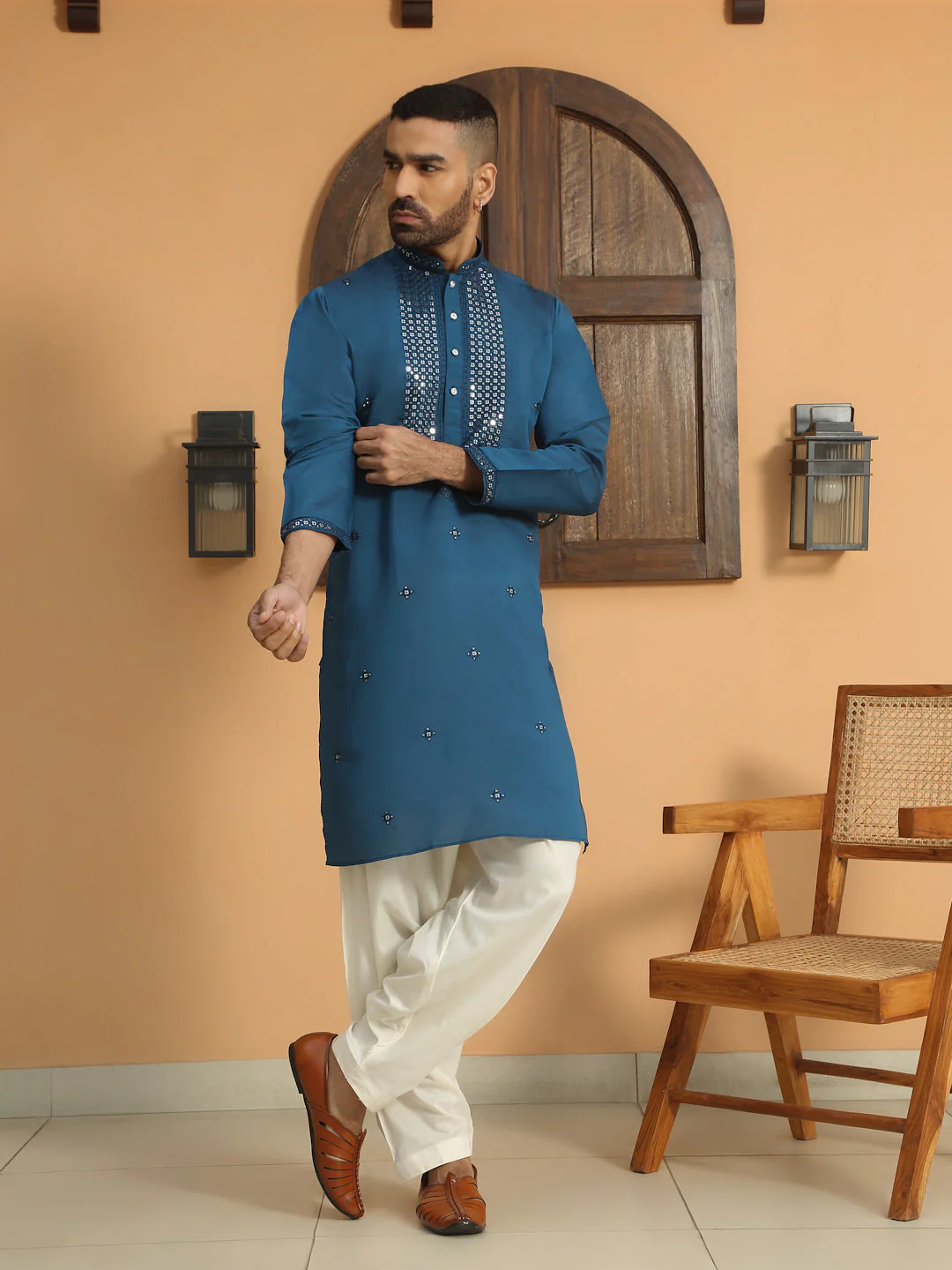 LUXE- Cotton Silk Yoke Design Sequined Embroidered Neckline Straight Kurta - Image 10