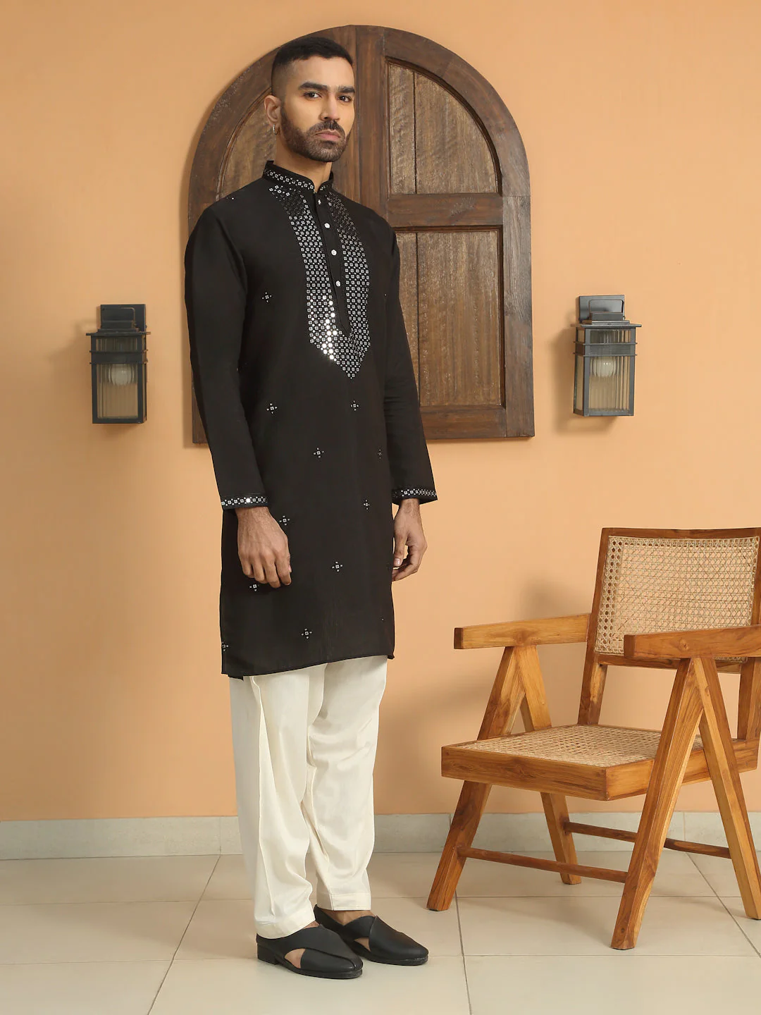 LUXE- Cotton Silk Yoke Design Sequined Embroidered Neckline Straight Kurta - Image 4