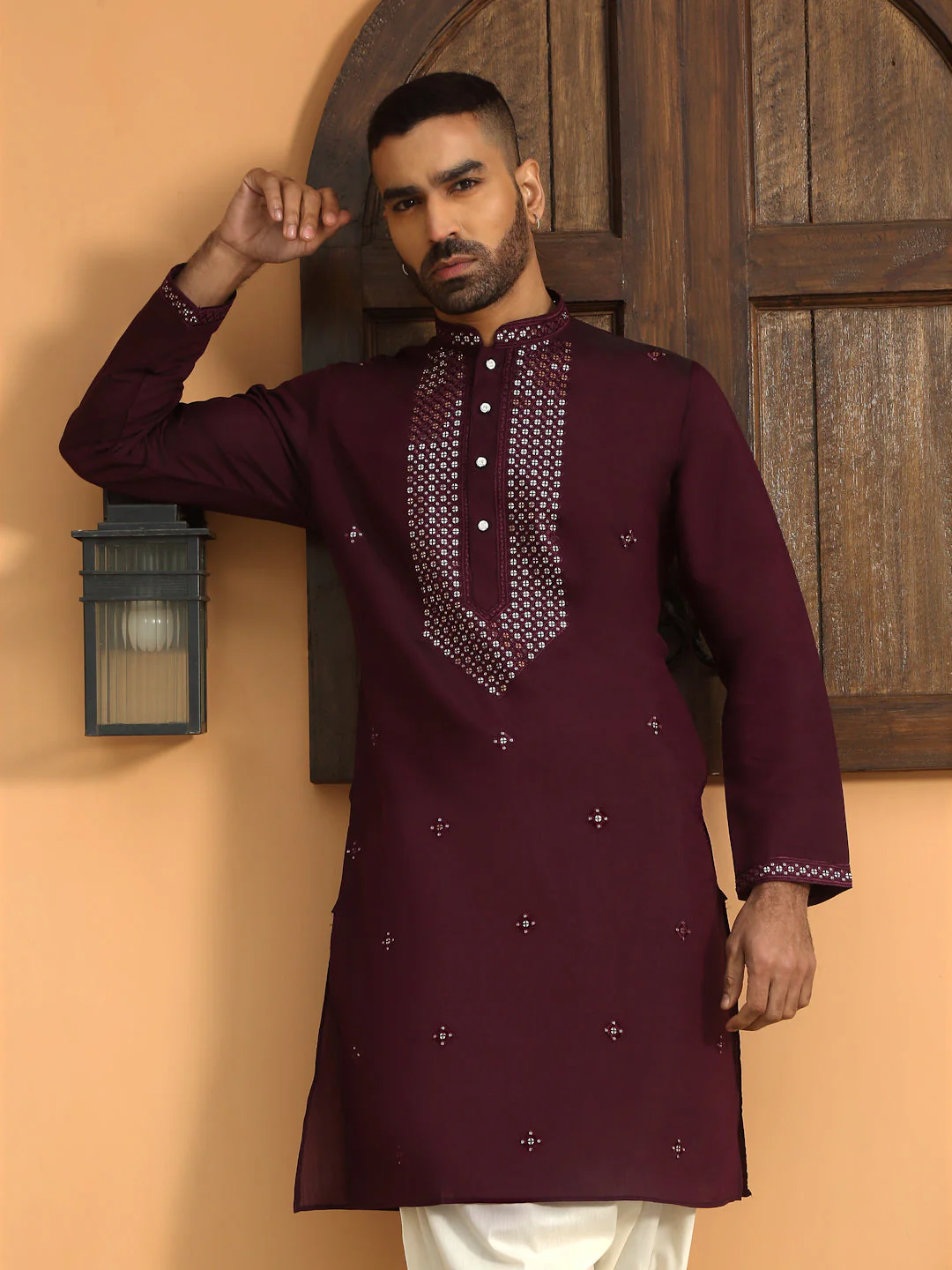 LUXE- Cotton Silk Yoke Design Sequined Embroidered Neckline Straight Kurta - Image 40