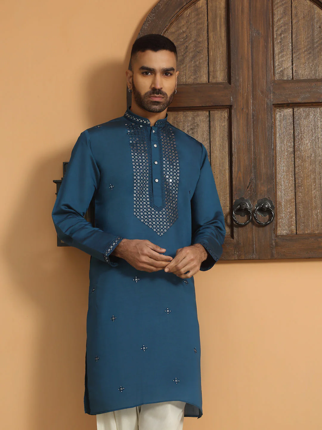 LUXE- Cotton Silk Yoke Design Sequined Embroidered Neckline Straight Kurta - Image 49