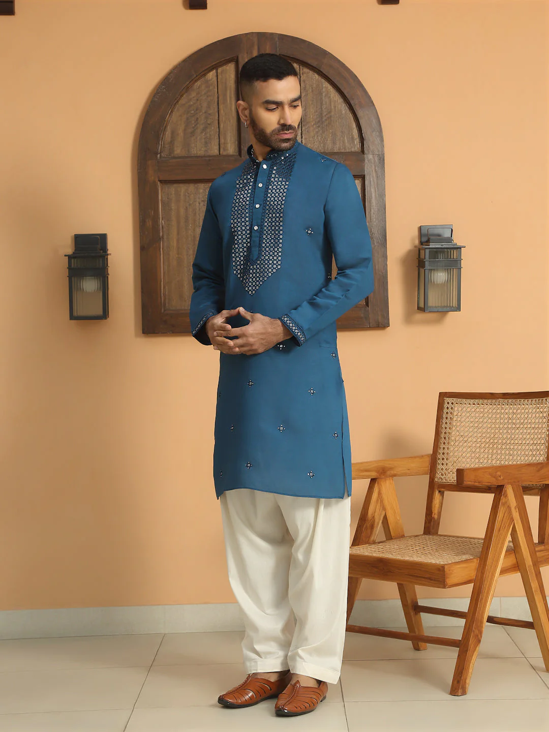 LUXE- Cotton Silk Yoke Design Sequined Embroidered Neckline Straight Kurta - Image 9