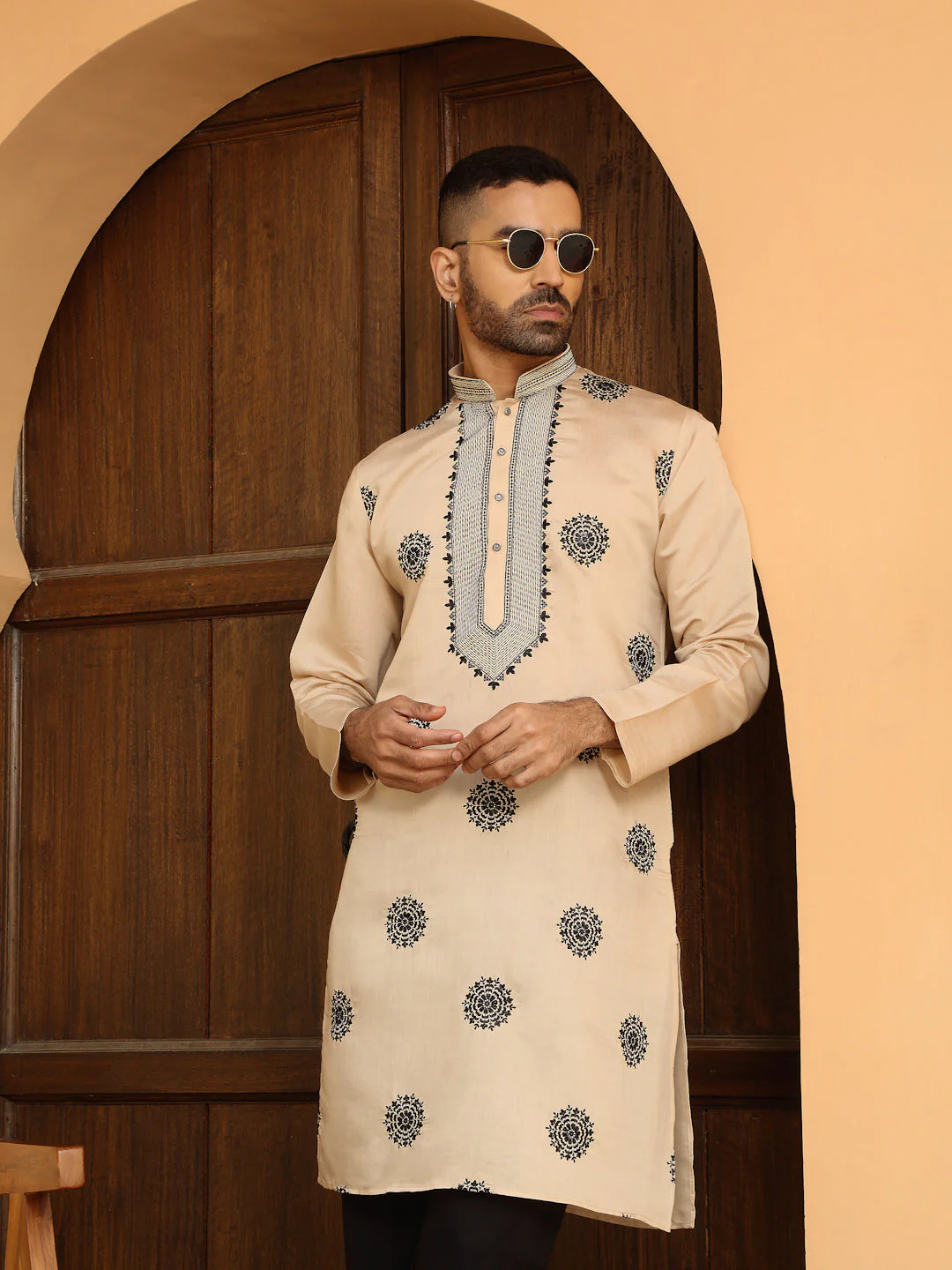 LUXE- Ethnic Motifs Black Sequins Embroidered Cotton Silk Kurta