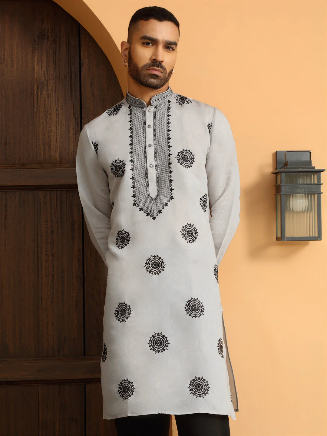 LUXE- Ethnic Motifs Embroidered Cotton Silk Kurta With Cotton Black Trouser Pant - Image 11