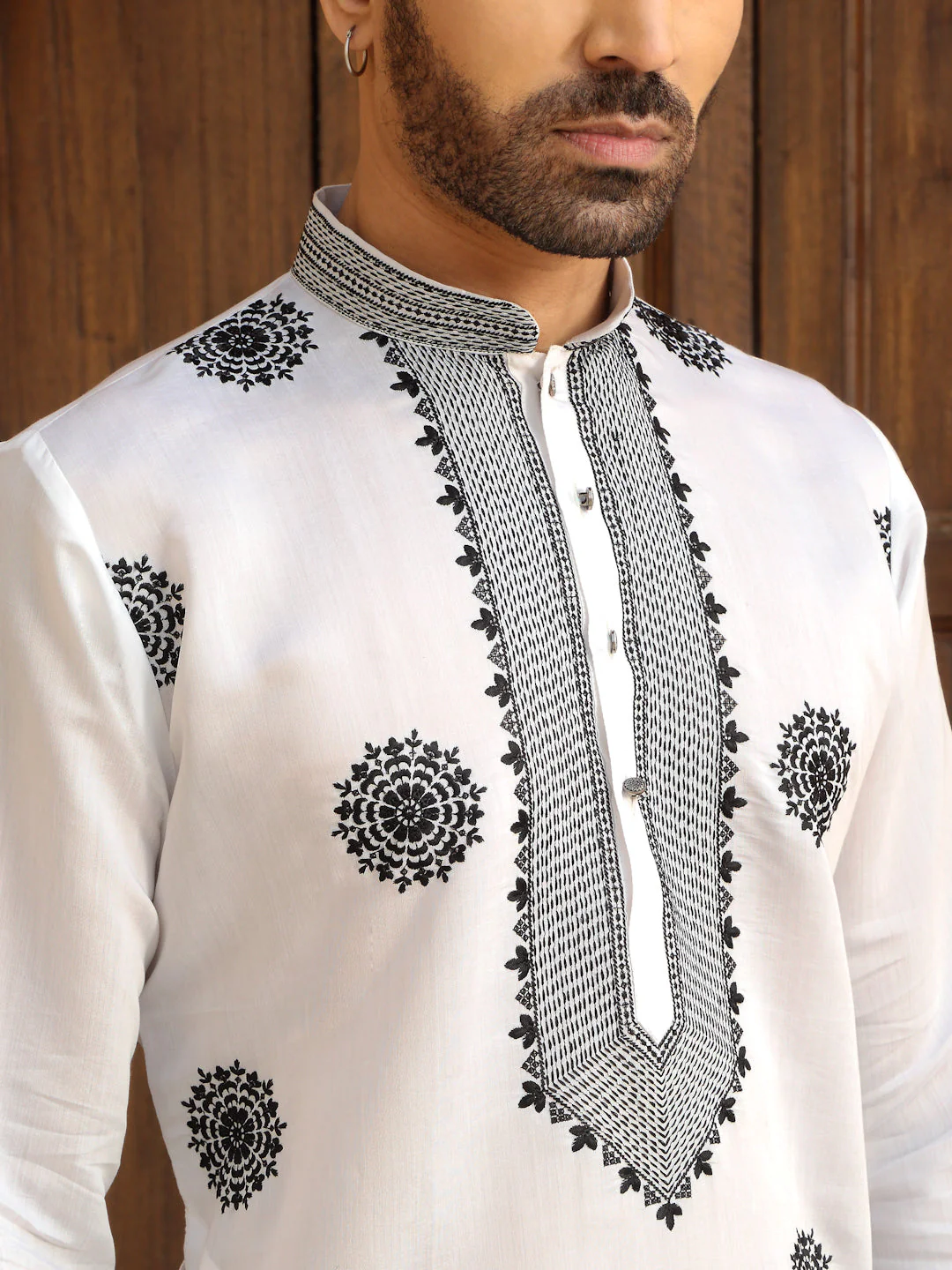LUXE- Ethnic Motifs Embroidered Cotton Silk Kurta With Cotton Black Trouser Pant - Image 14