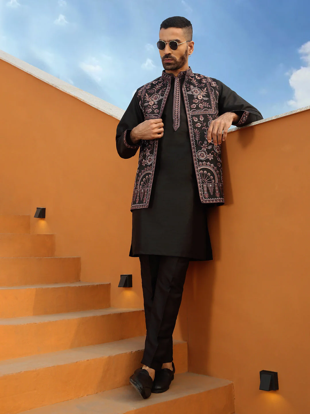 LUXE- Floral Embroidered Cotton Silk Kurta Trouser Pant set with Embroidered Floral Front open Nehru Jacket set - Image 20