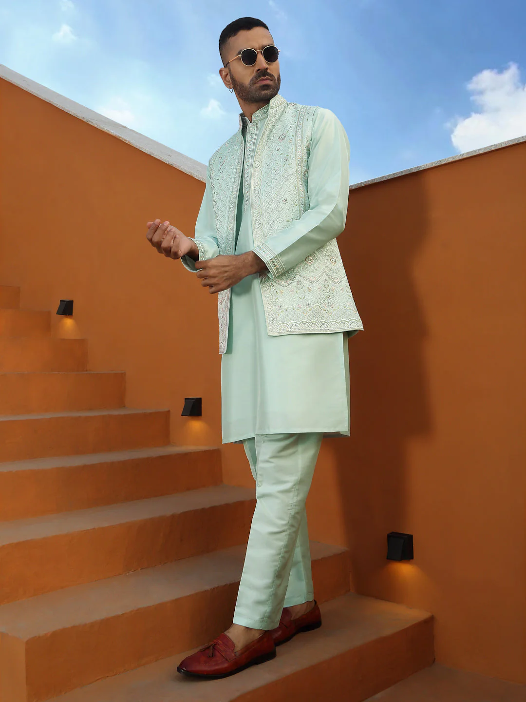 LUXE- Floral Embroidered Cotton Silk Kurta Trouser Pant set with Embroidered Floral Front open Nehru Jacket set - Image 25
