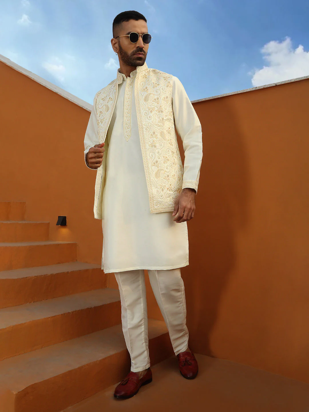 LUXE- Floral Embroidered Cotton Silk Kurta Trouser Pant set with Embroidered Floral Front open Nehru Jacket set - Image 58