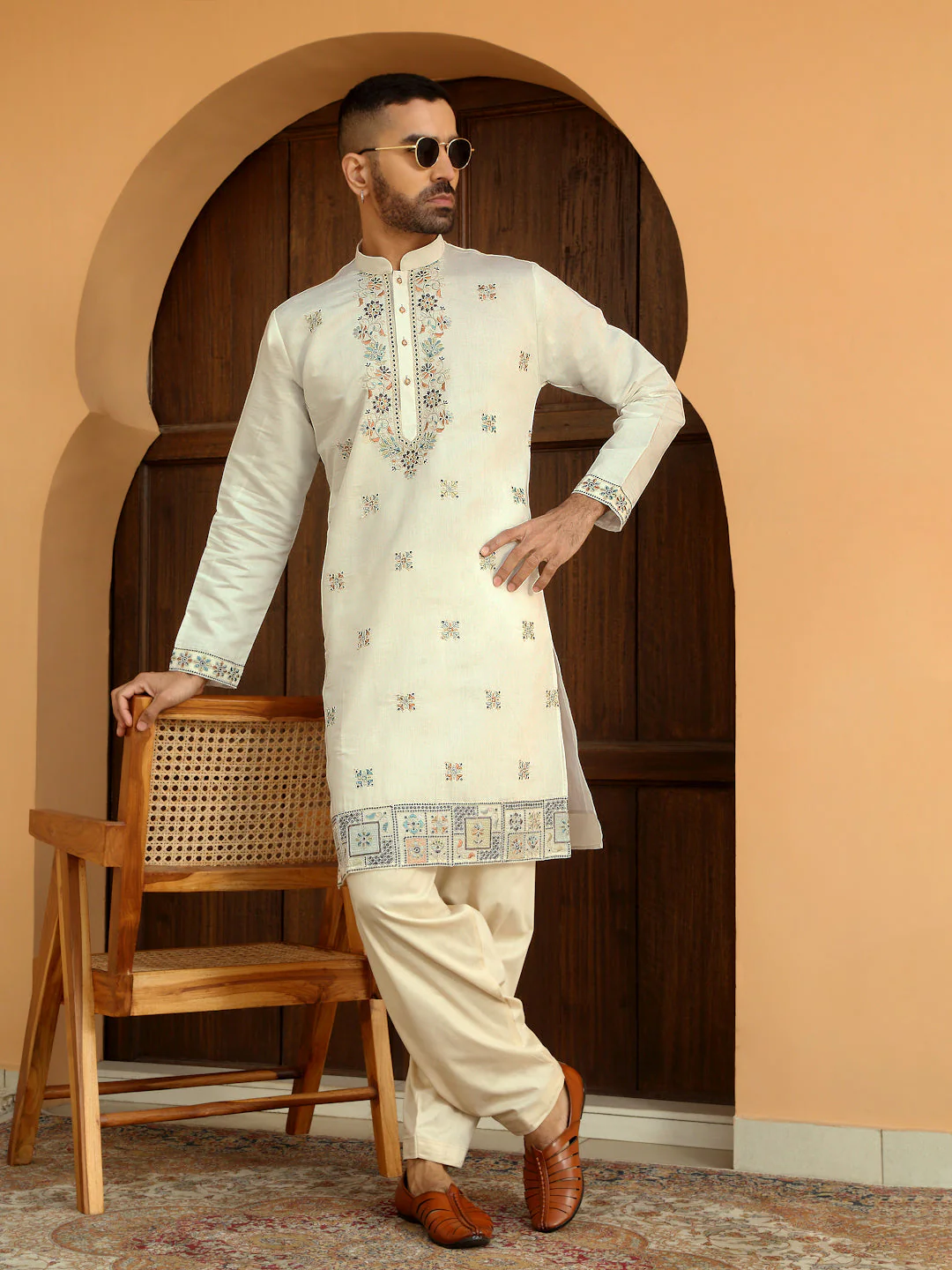 LUXE- Heavy Neckline Daman Floral Embroidered Kurta With Beige patiala Salwar - Image 23