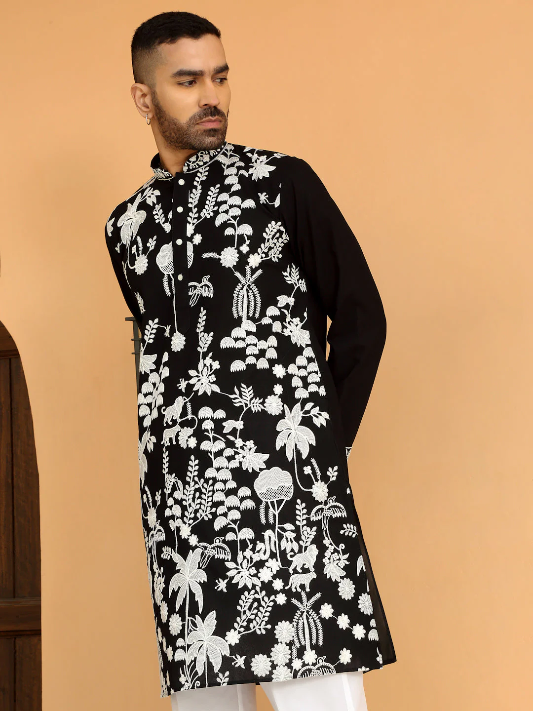 LUXE- Heavy White Embroidered Work Ethnic Motifs Georgette Kurta with White Trouser Pant - Image 5