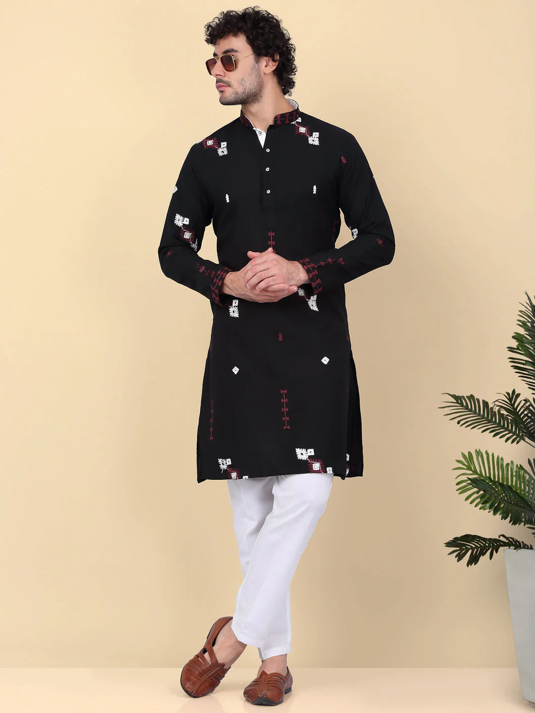 LUXE - Linen Ethnic Motif Embroidered Regular Straight Kurta With Elastic Waistband White Trouser Pant - Image 13