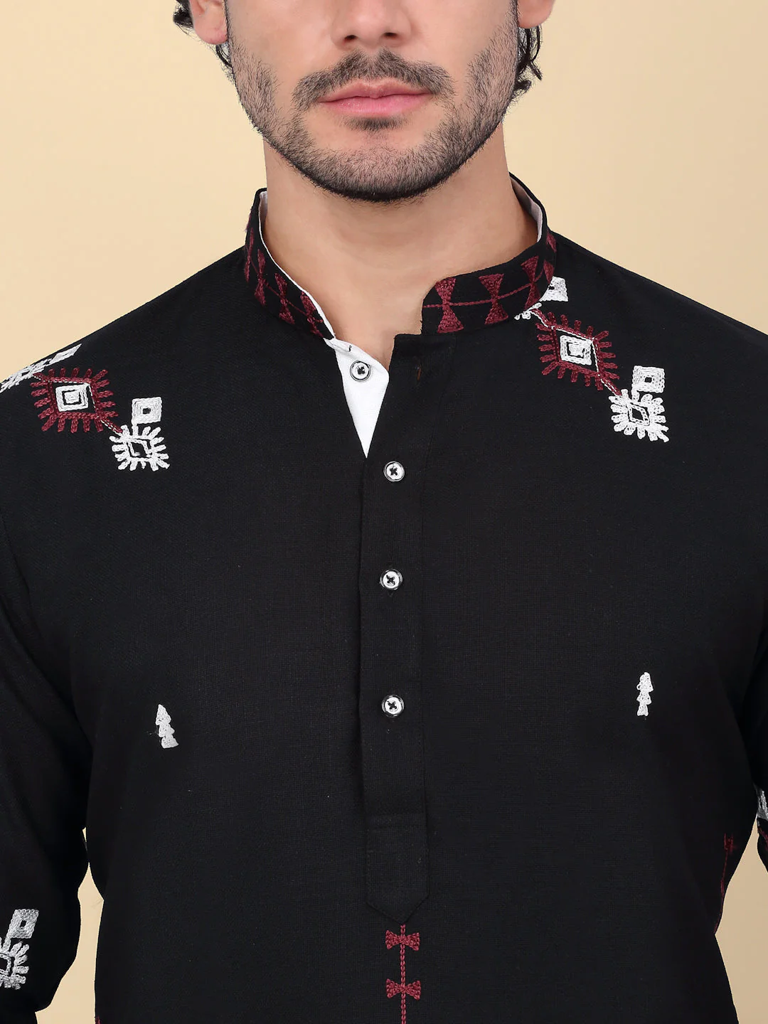 LUXE - Linen Ethnic Motif Embroidered Regular Straight Kurta With Elastic Waistband White Trouser Pant - Image 3
