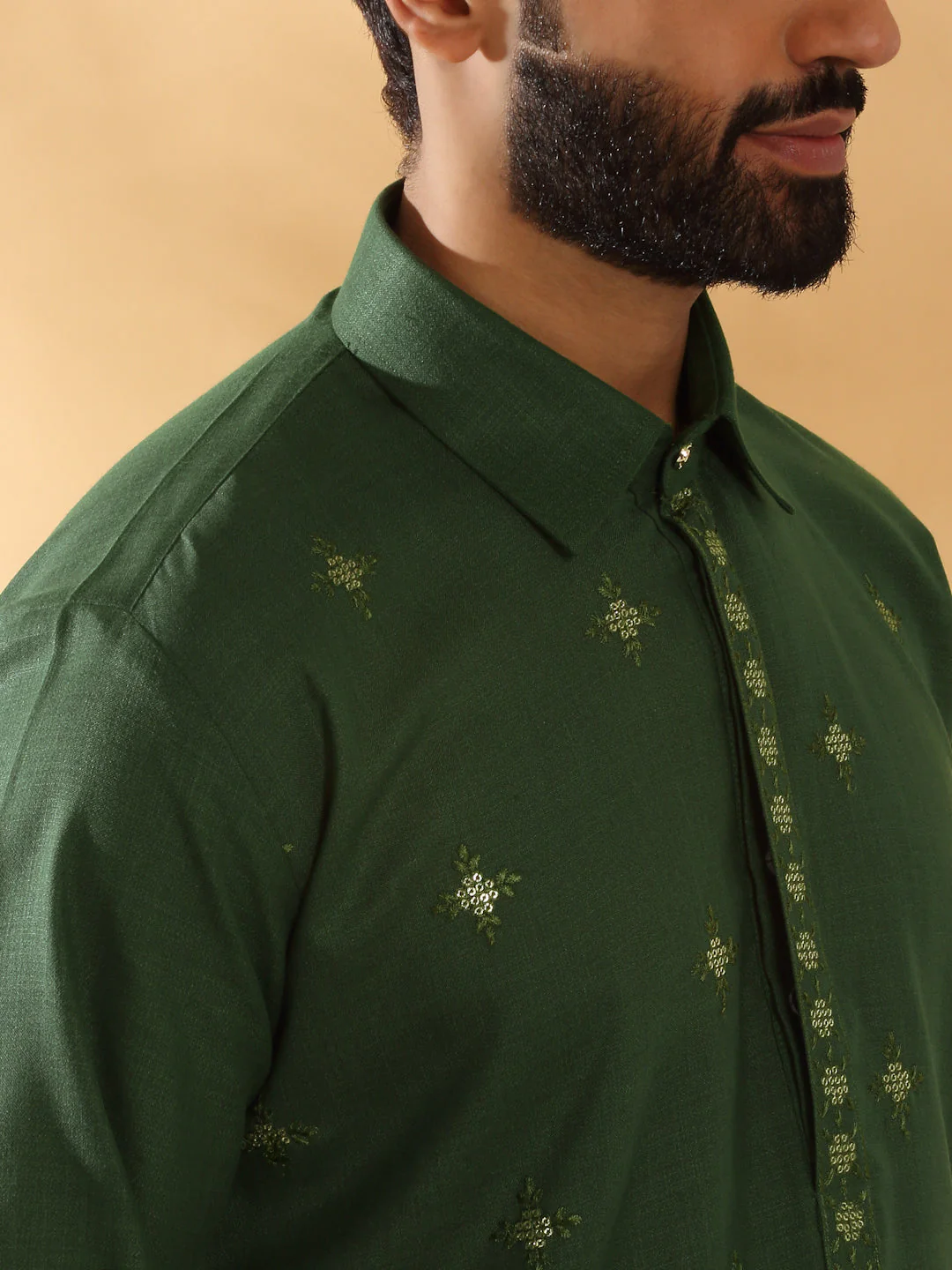 LUXE- Men Cotton Embroidered Sequenced Pathani Kurta with White Salwar set - Image 15