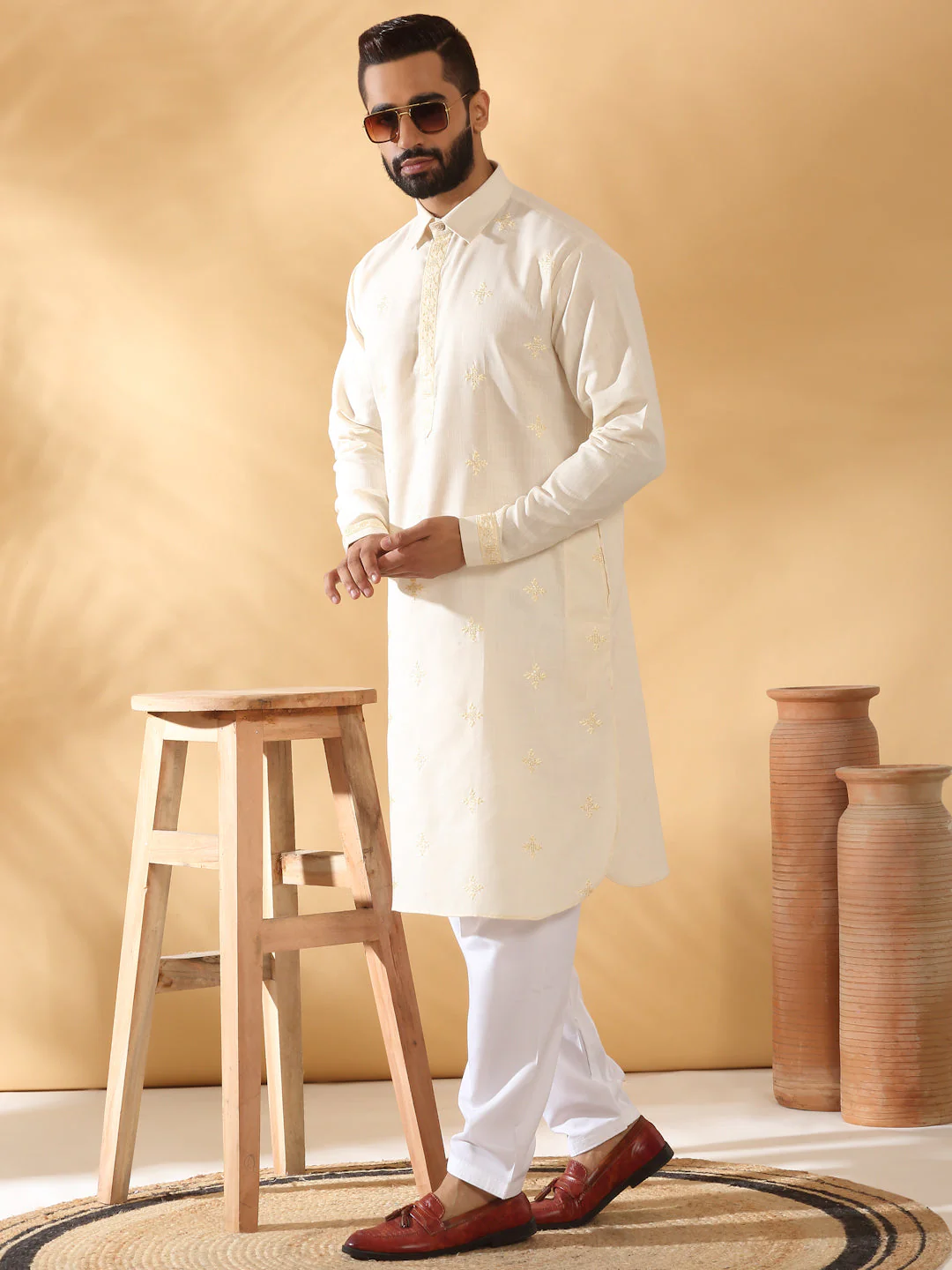 LUXE- Men Cotton Embroidered Sequenced Pathani Kurta with White Salwar set - Image 7