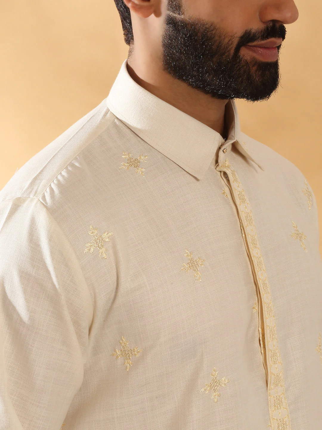 LUXE- Men Cotton Embroidered Sequenced Pathani Kurta with White Salwar set - Image 9
