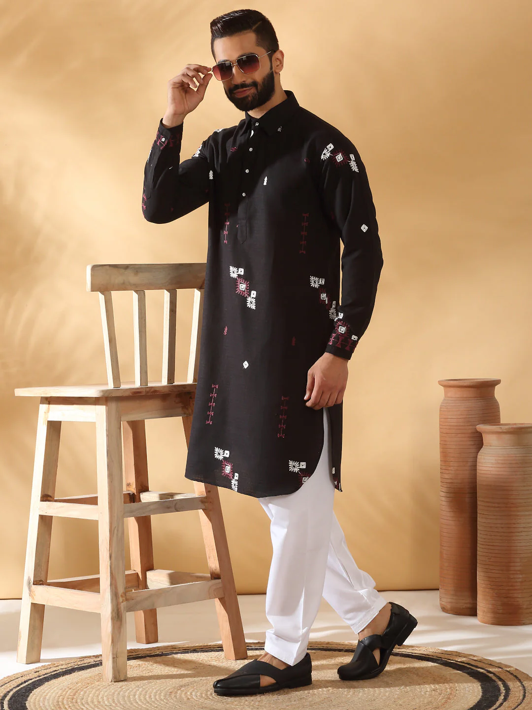 LUXE- Men Linen Embroidered Regular fit Pathani with White Drawstring Salwar Set - Image 22