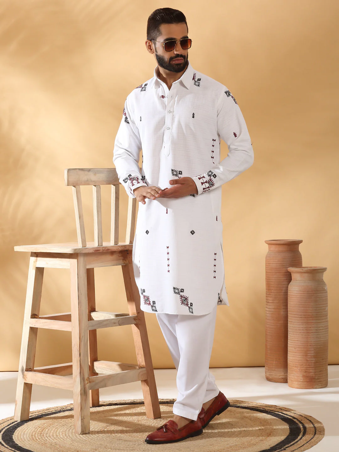 LUXE- Men Linen Embroidered Regular fit Pathani with White Drawstring Salwar Set - Image 69